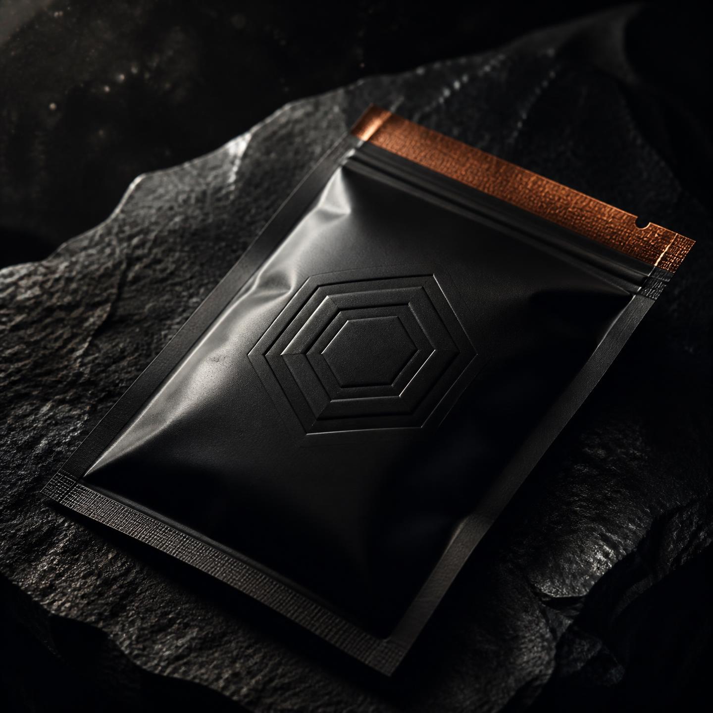Sealed DISME Rip Bag with copper tear-strip resting on dark stone