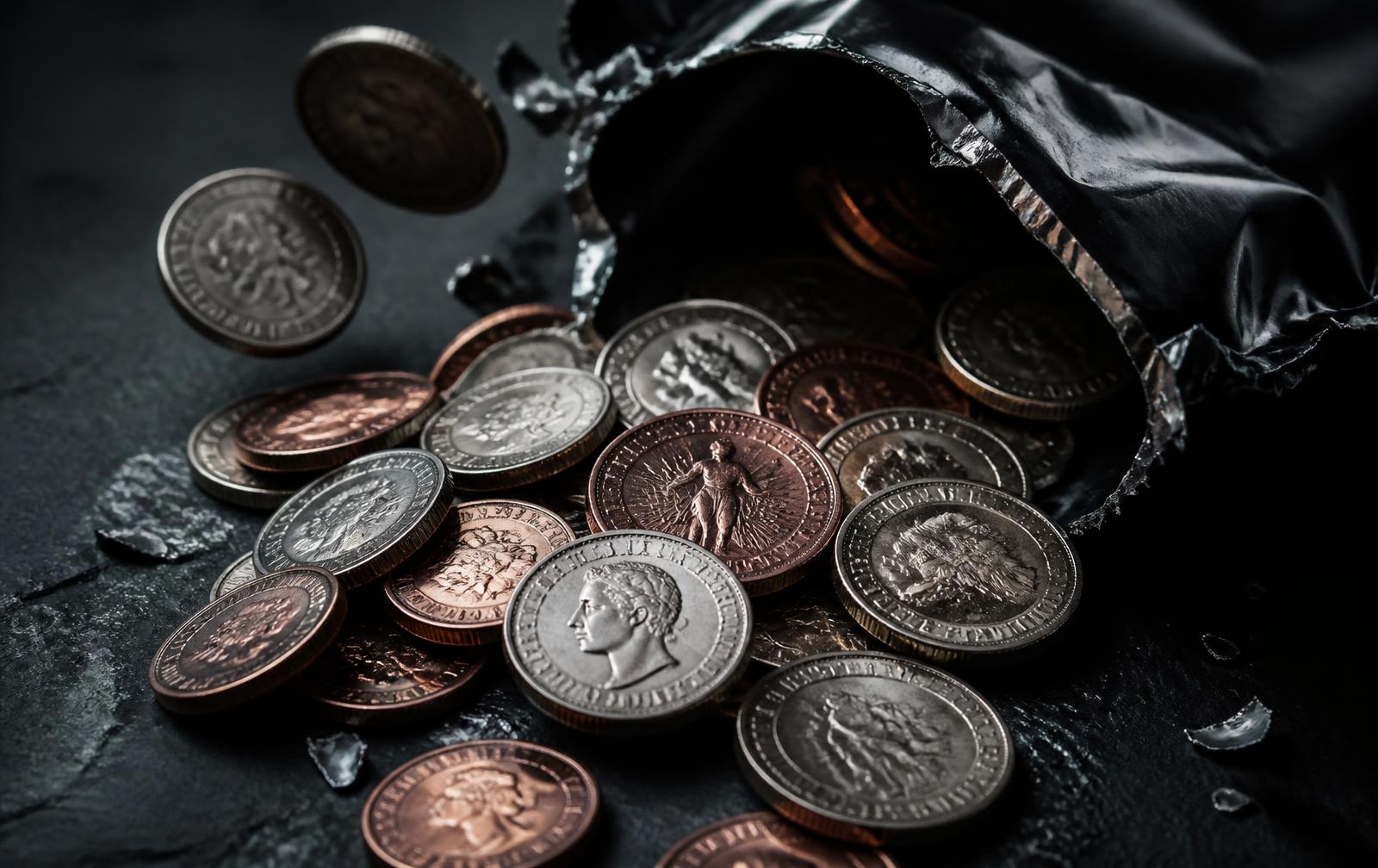 Collectible coins spilling out of a torn DISME Rip Bag